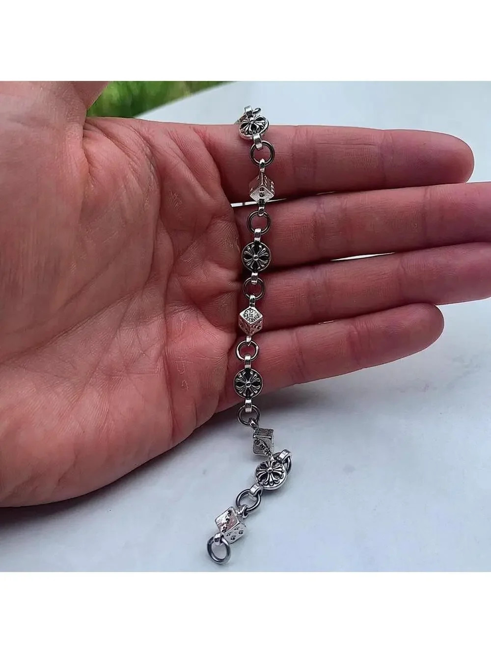 Y2k style grunge dice and gothic cross pendant silver punk bracelet. Comes new